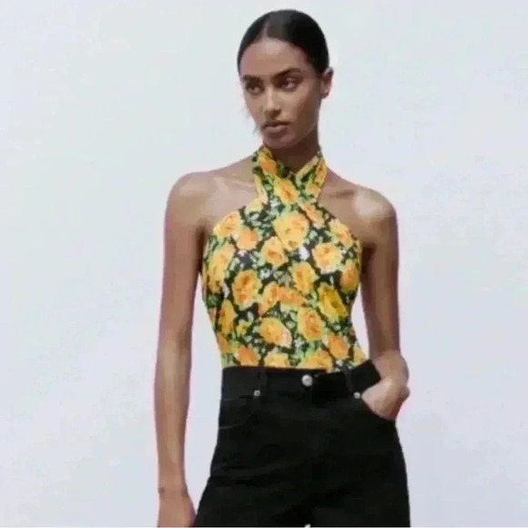 Zara Tops - Zara Twisted Halter Front Cut Out Bodysuit Yellow and Black Floral NWT Size S
